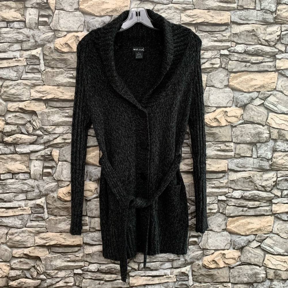 #08 Y2K Wet Seal Button Down Tie Waist Black Gray Cardigan Sweater Vintage Med